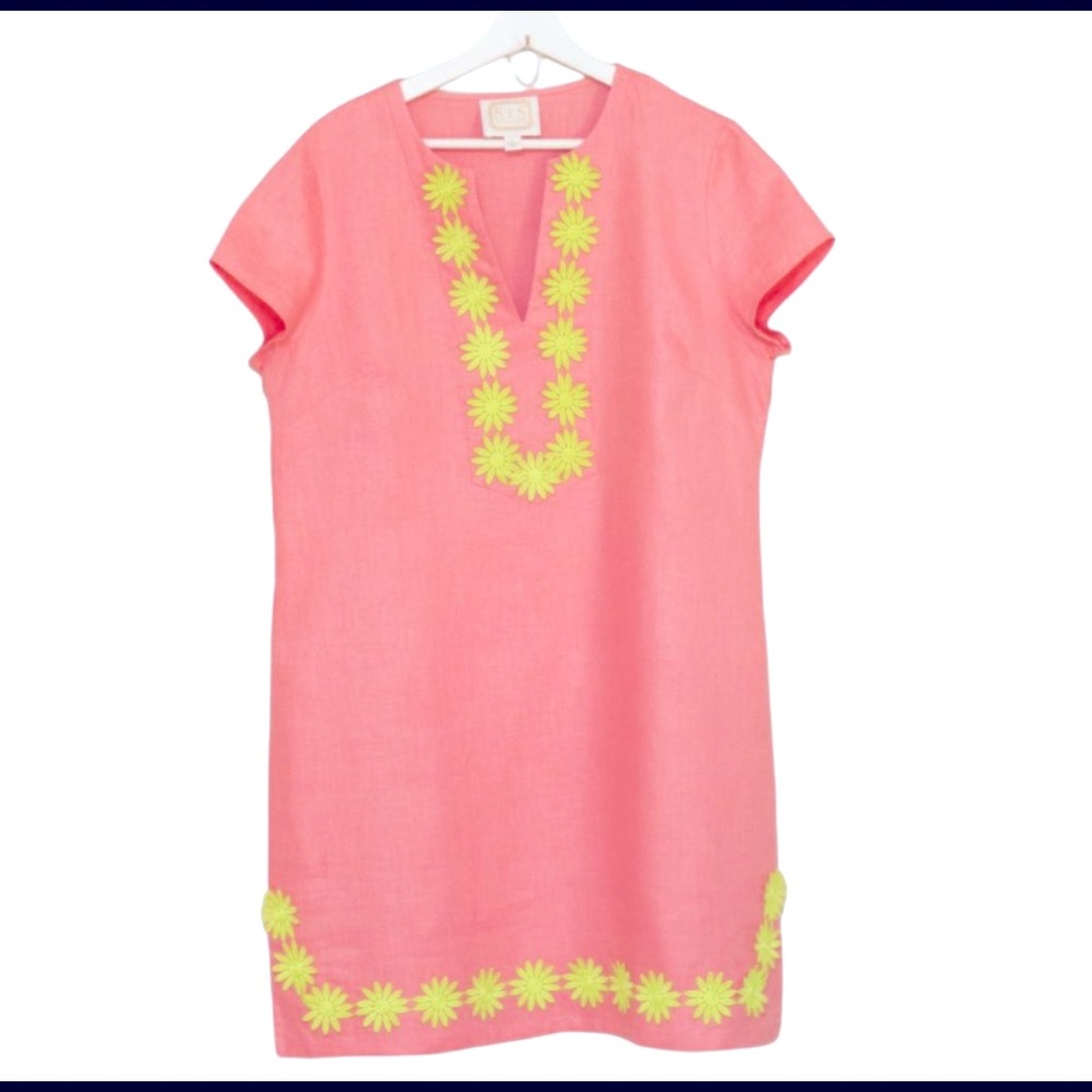 Sail to Sable coral linen green floral trim shift dress